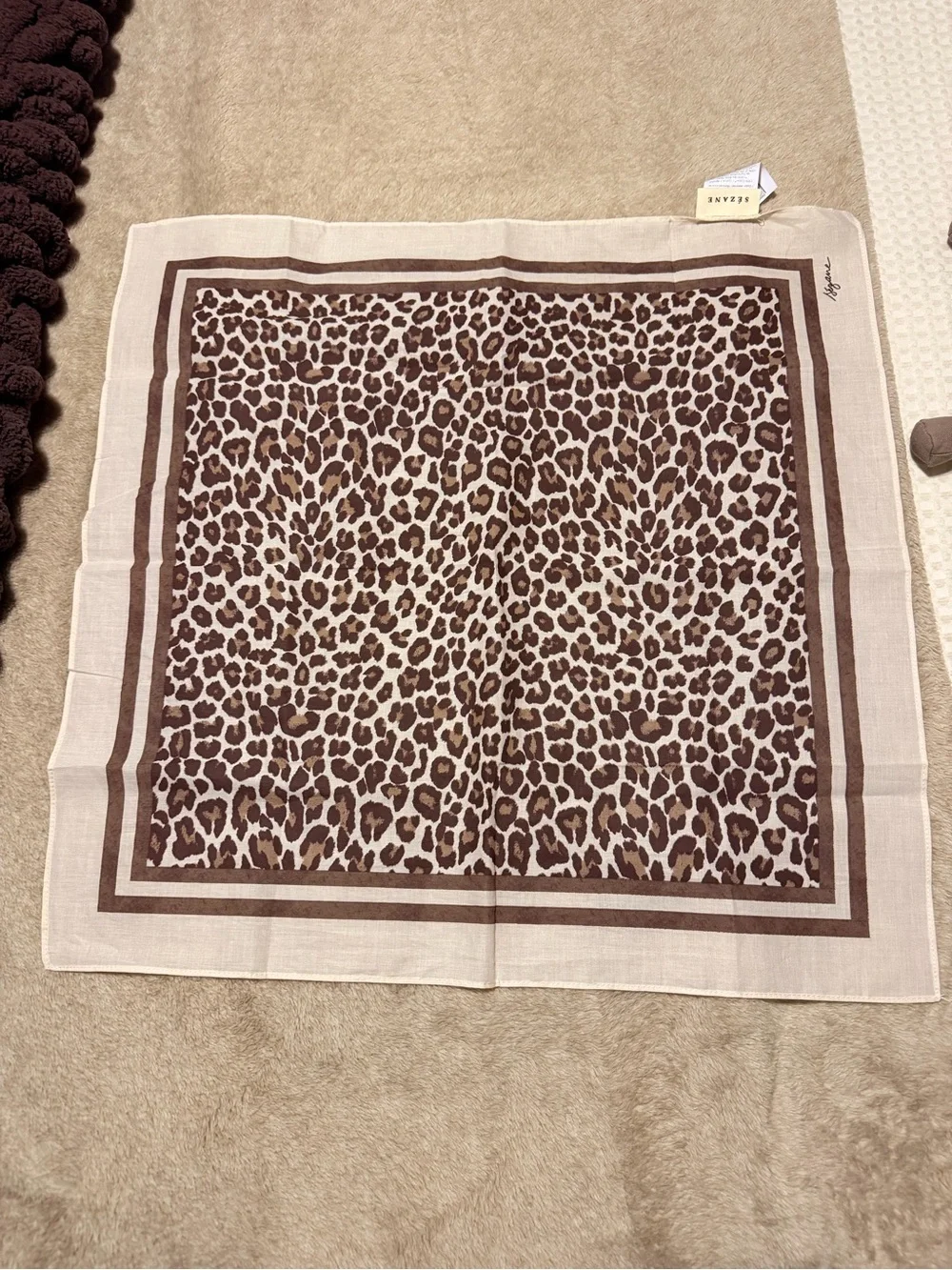 Sezane Leopard Print Silk-Feel Square Scarf - Brown & Cream BRAND NEW